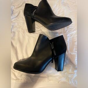 4” block heeled, black ankle boots.